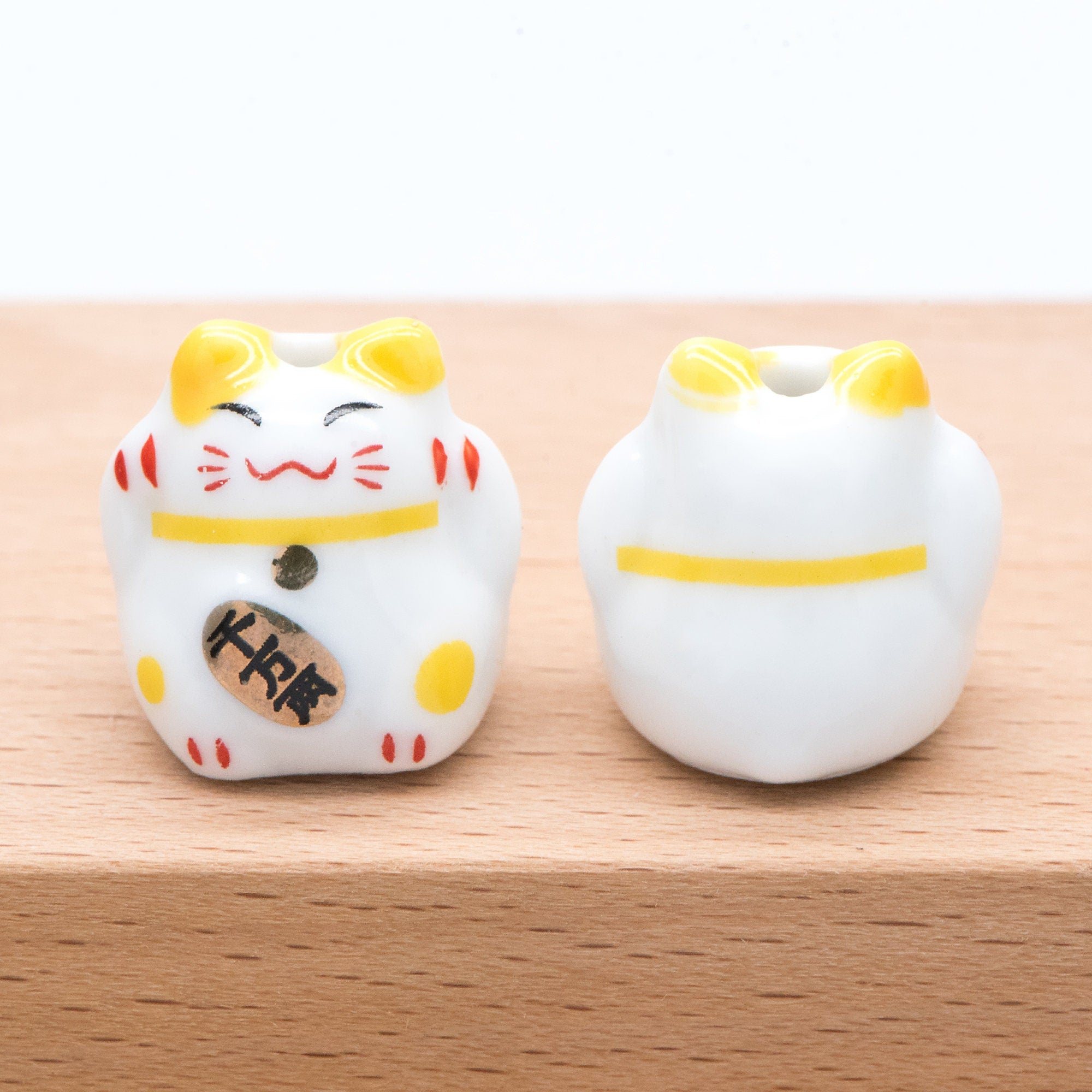 10 beads- Lucky Cat beads 17mm, Handmade Ceramic Maneki Neko, Kawaii Animal Beads, Chinese Character "More Golds" (TC-158)